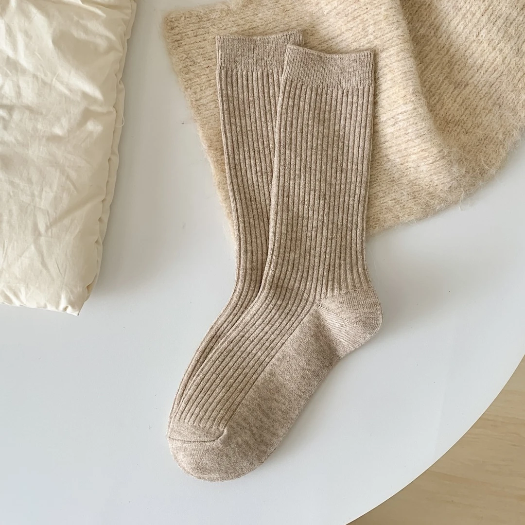 VeeCoo | 双针美拉德棕色袜子女中筒袜秋冬厚款长袜堆堆袜