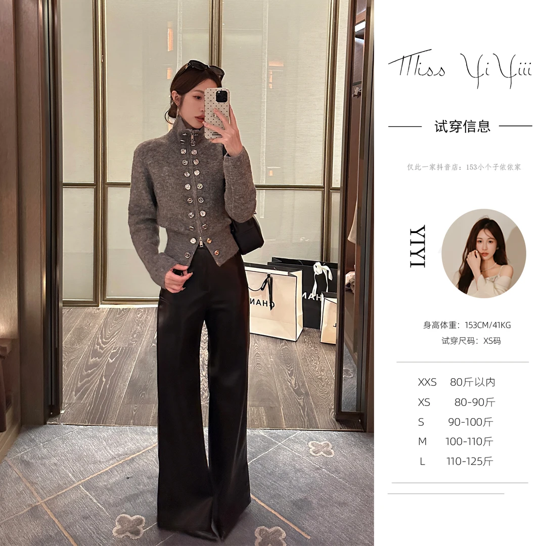 【雾色伦敦】<YiYiii>小个子设计感慵懒双排扣短毛衫高腰直筒皮裤