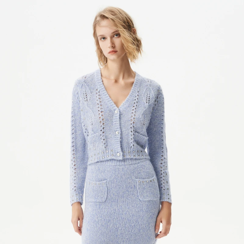 IRO Night 水钻针织毛衣开衫镂空短款长袖蓝色法式轻奢冬季新款