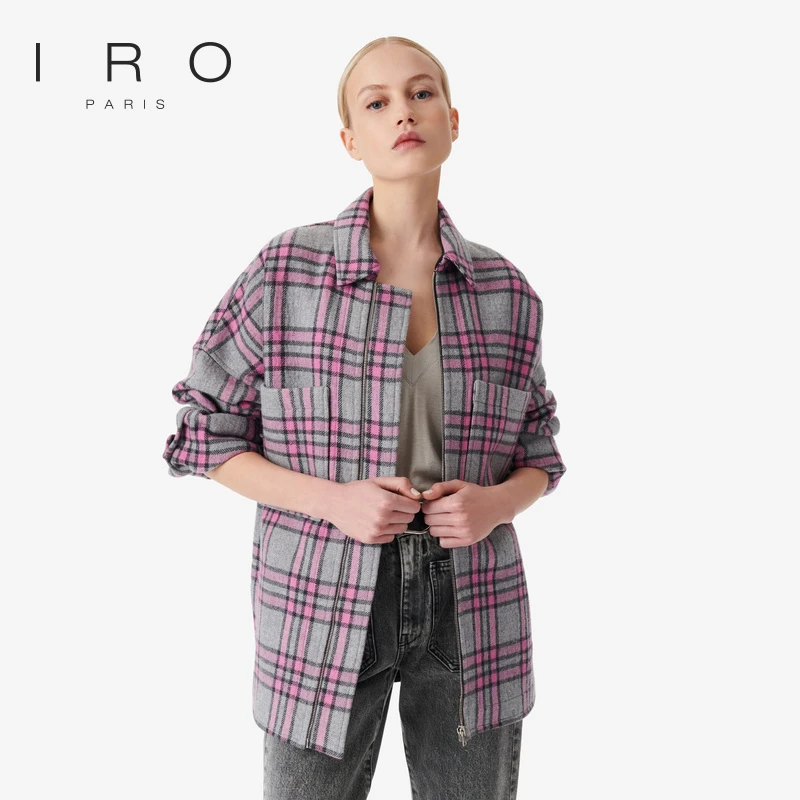 IRO Night 衬衫式外套落肩格纹双口袋拉链法式宽松春秋款