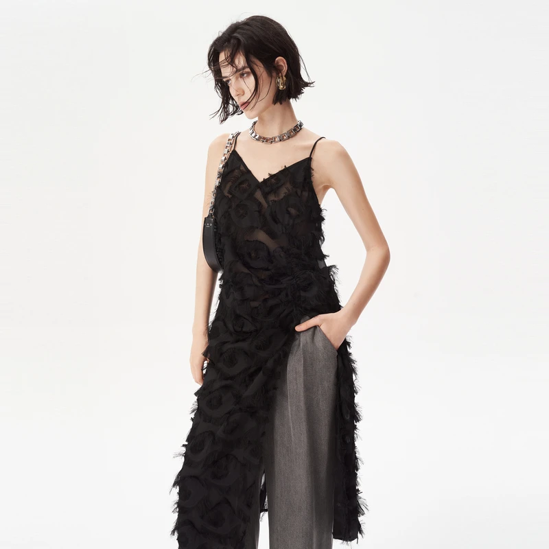 IRO Night 羽毛纱吊带连衣裙开叉高透感法式轻奢24初秋新款