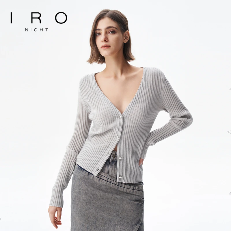 IRO NIGHT山羊绒针织开衫深V领坑条百搭法式轻奢优雅春季新款