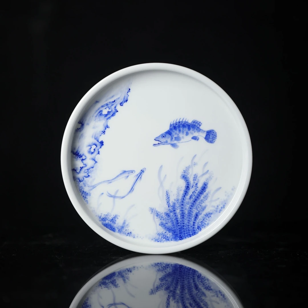 MSTG76达观紫器【小桥窑】青花鱼乐图圆边壶承 景德镇瓷器一壶