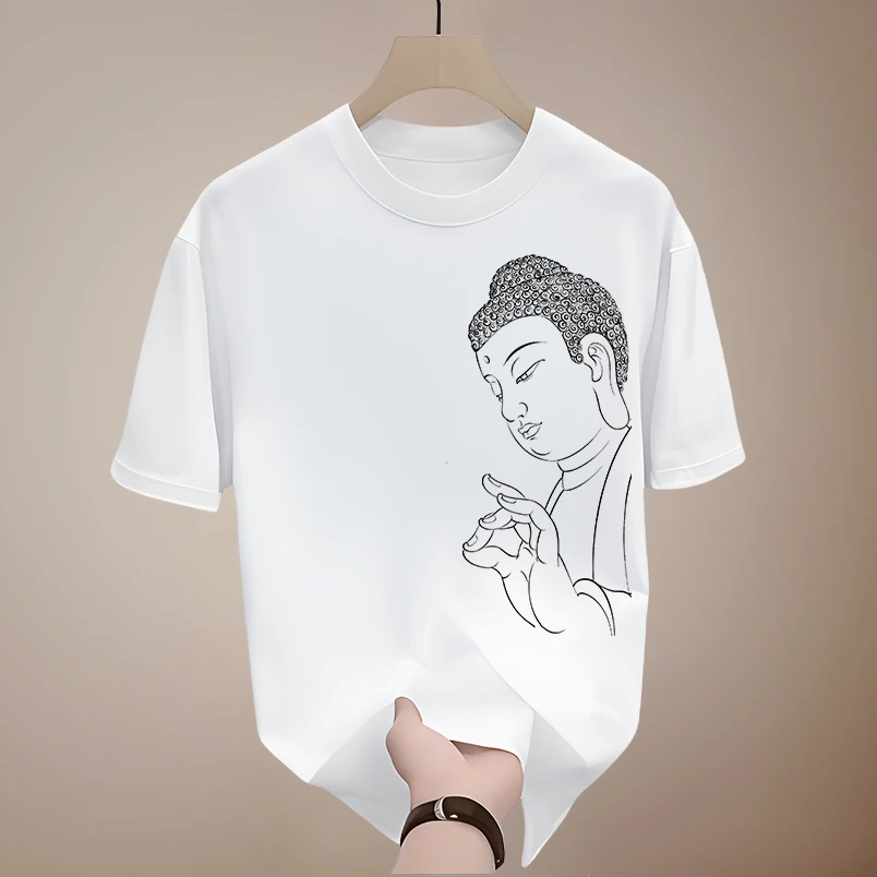 时尚国潮休闲新中式国风男女款高级佛像圆领宽松百搭纯棉短袖T恤