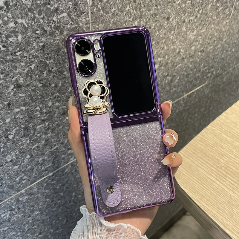 适用oppofindn2flip手机壳腕带山茶花n2flip电镀透明保护壳轻奢