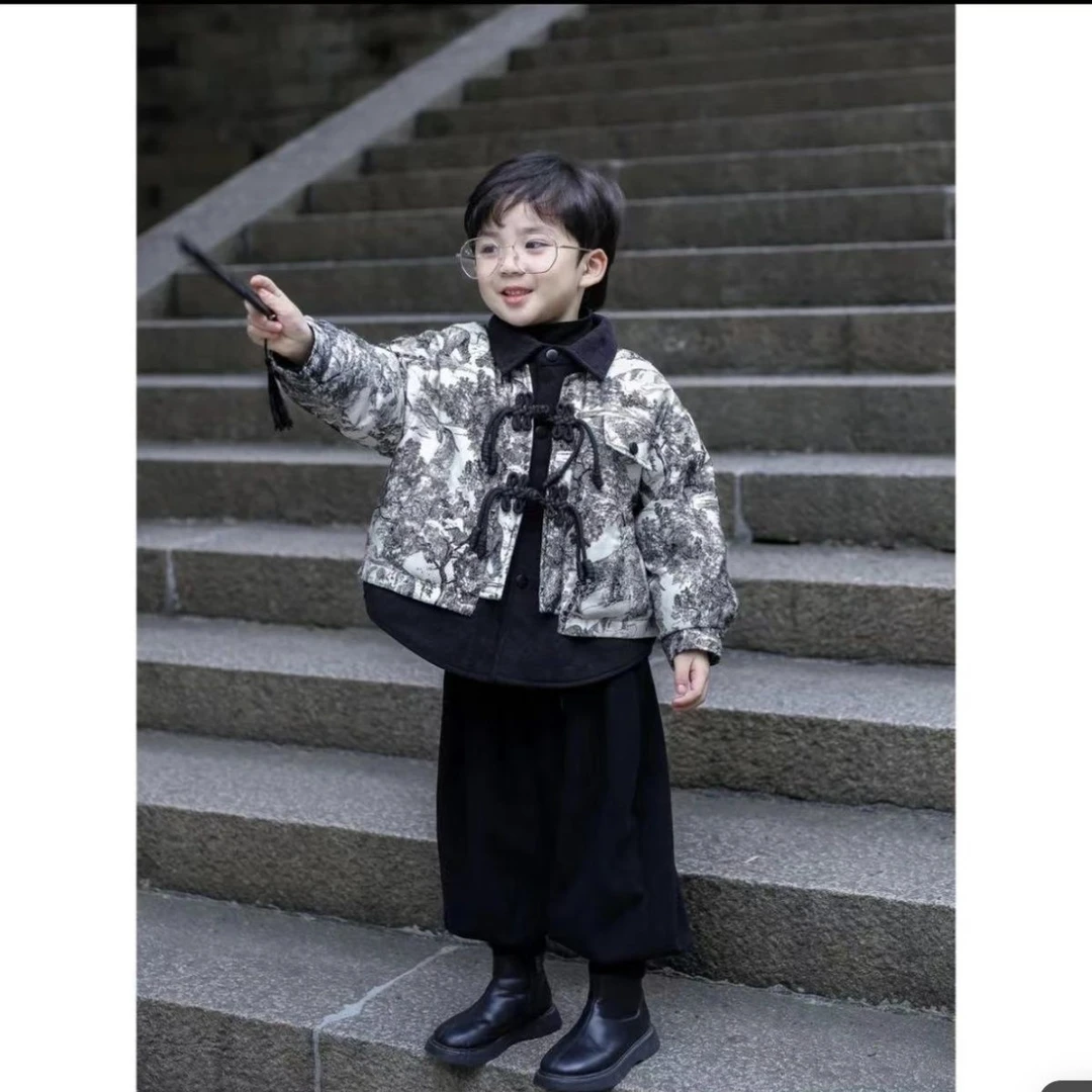 Y男童衣冬季新款中国风江南水墨风潮酷宝宝羽绒服两件套