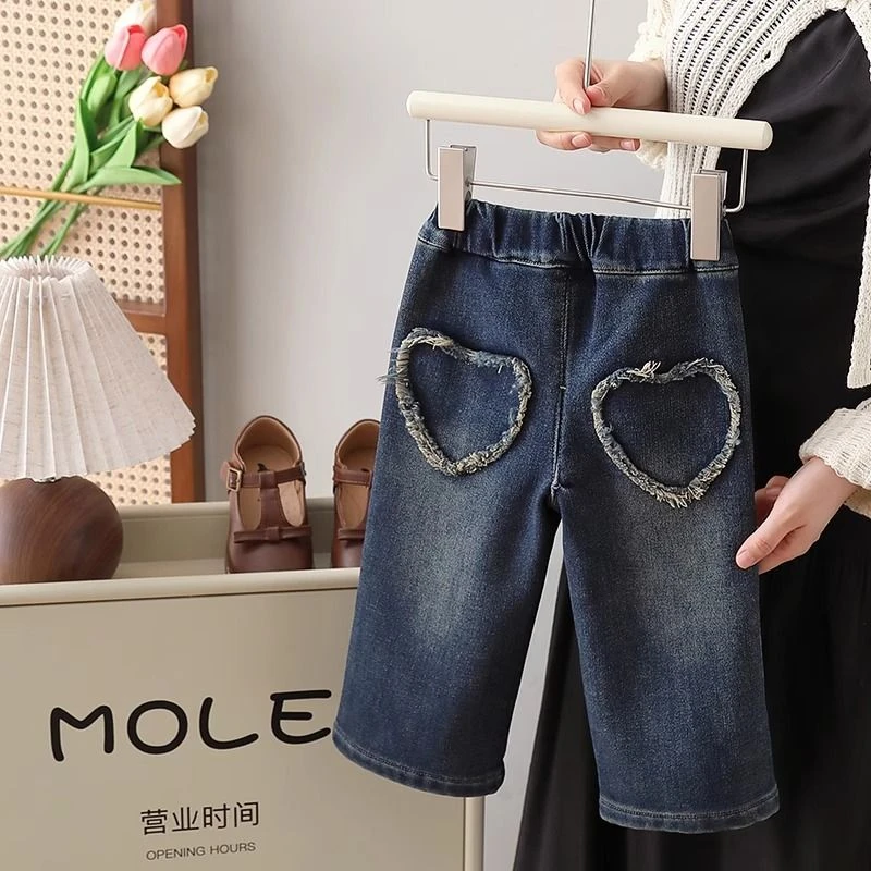 女童加绒牛仔裤洋气秋冬新款韩版女宝宝春秋直筒裤儿童一体绒裤子