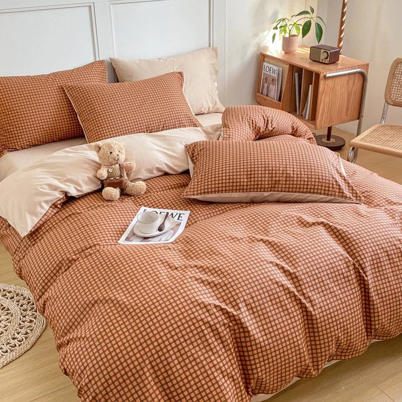 诺漾家居-全棉简约格子被套床单四件套宿舍三件套床上用品 小咖格