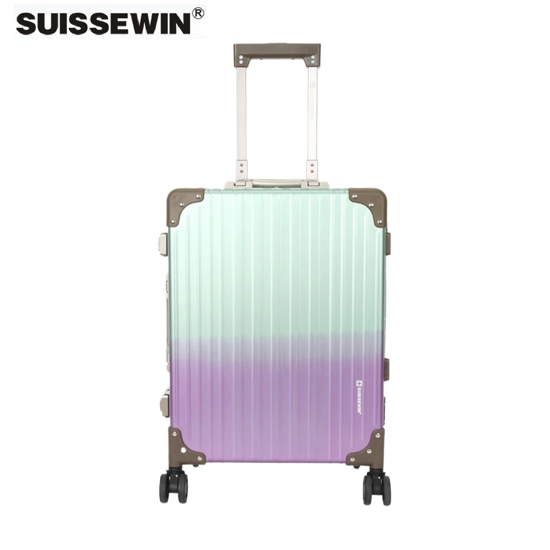 SUISSEWIN绿色炫彩大容量行李箱时尚条纹箱子密码箱拉杆铝镁合金