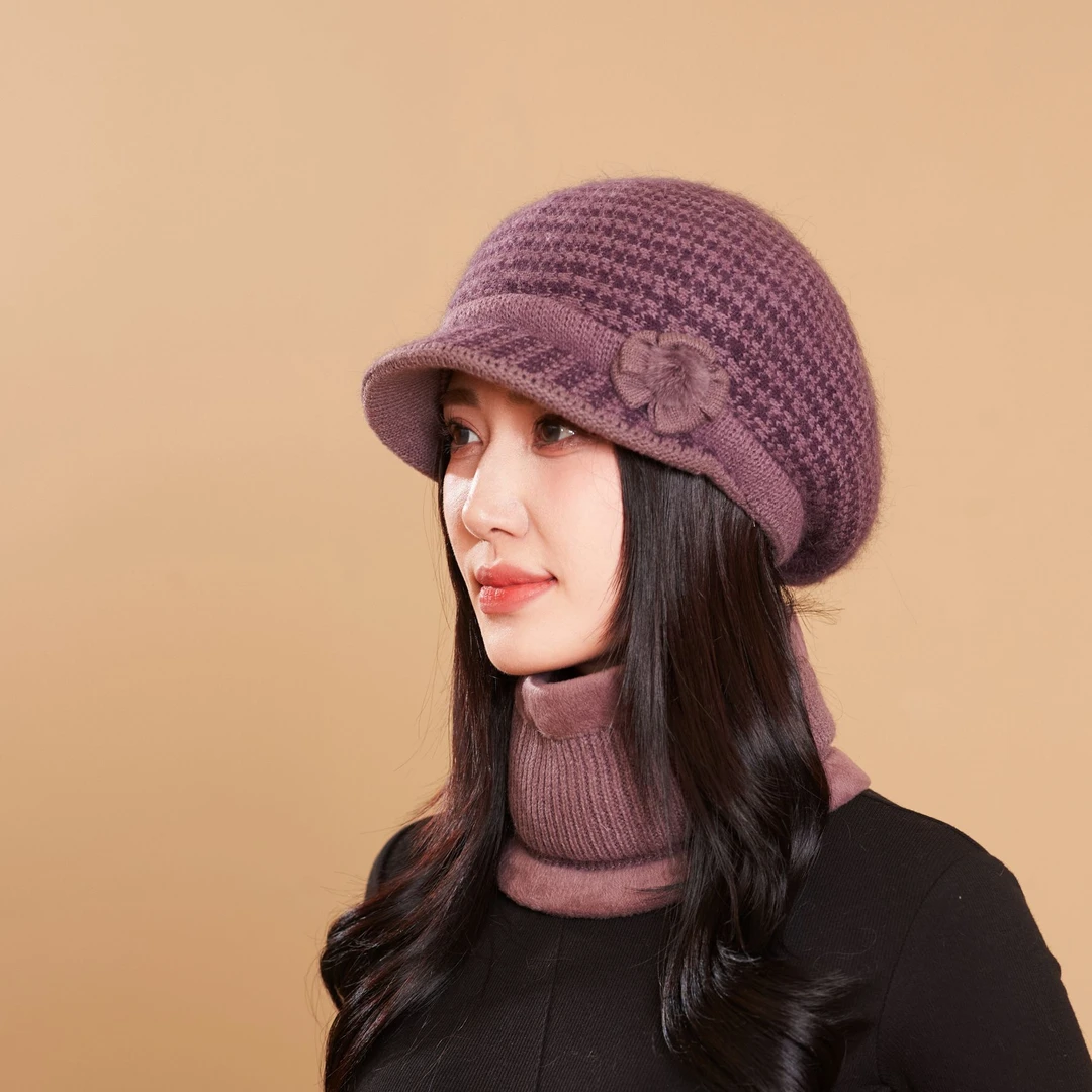 冬季中老年妈妈骑行鸭舌帽千鸟格一朵花帽子韩版时尚针织优雅加厚