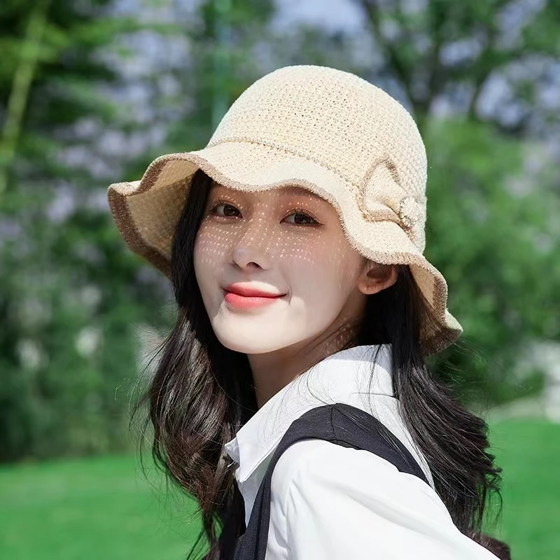 夏季防晒遮阳帽子潮镂空渔夫帽女新款时尚简约蝴蝶结可折叠太阳帽