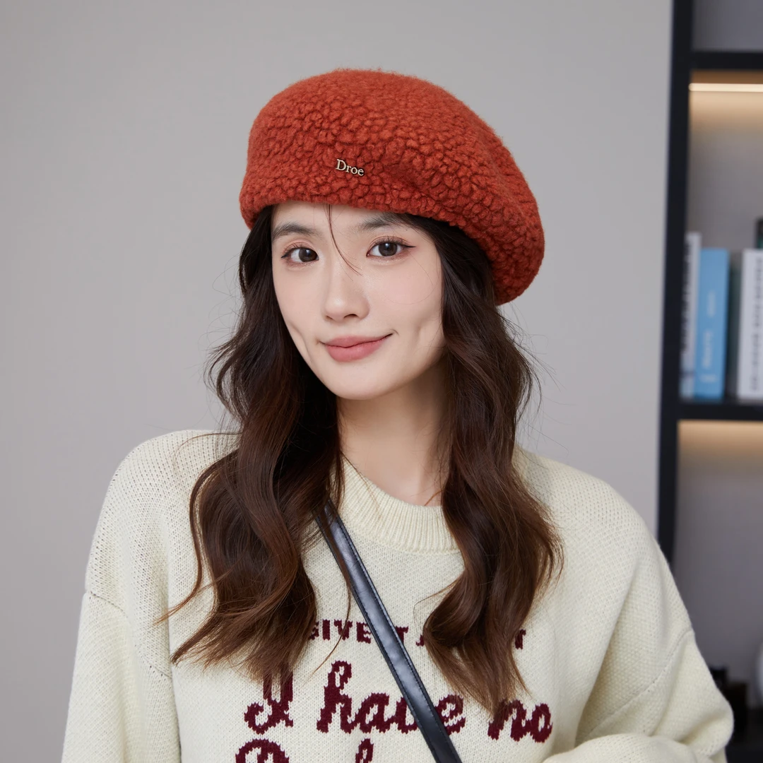 气质颗粒感羊羔绒贝雷帽子女秋冬季防寒保暖百搭显脸小画家蓓蕾帽