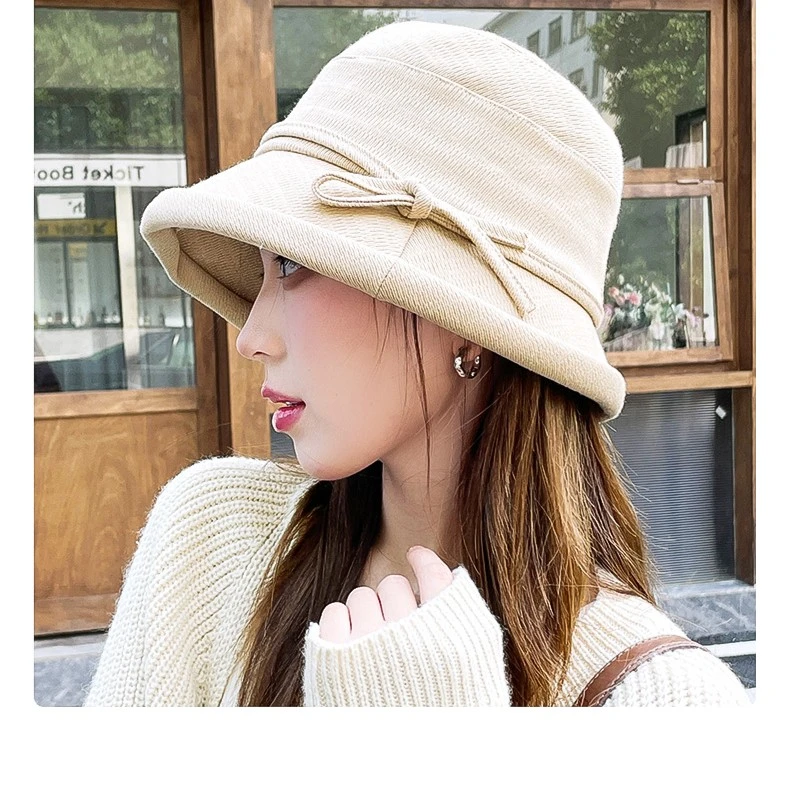 新款秋季盆帽女士蝴蝶结遮阳帽日系可折叠旅游防晒渔夫帽韩版盆帽