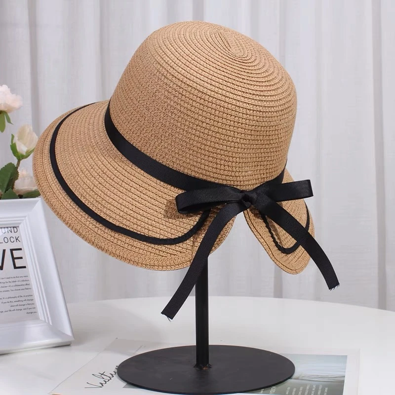 夏季沙滩大檐太阳草帽女海边法式优雅蝴蝶结拉菲草编遮阳防晒度假
