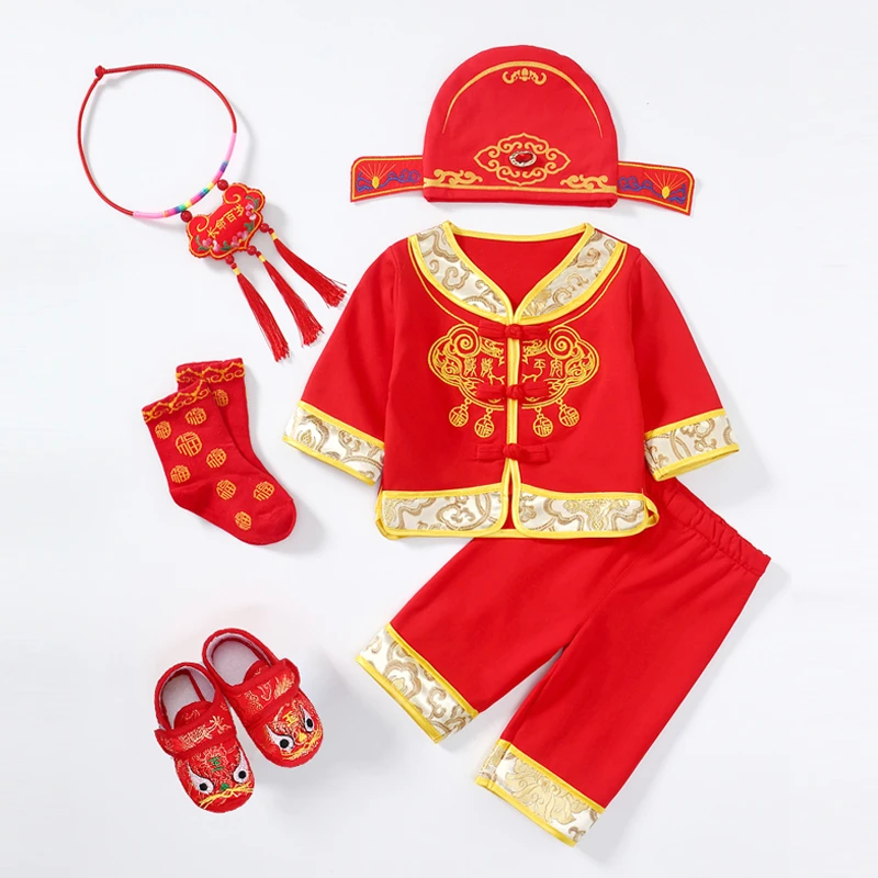宝宝满月连体衣百天抓周衣服婴儿男童中国风女童春夏喜庆周岁唐装