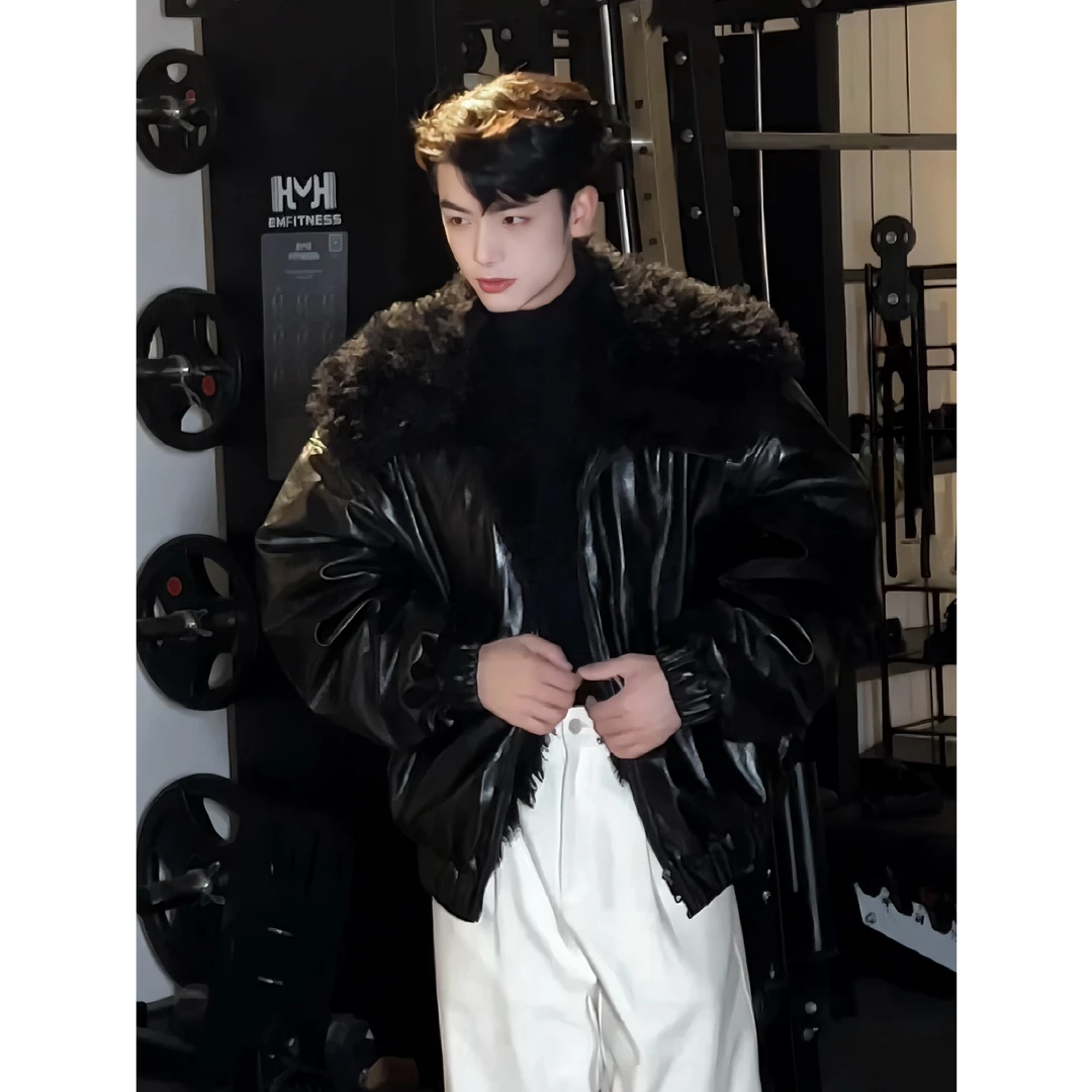 AIXKOM｜2025冬季新款皮毛一体美式复古痞帅设计感炸街机车皮夹克