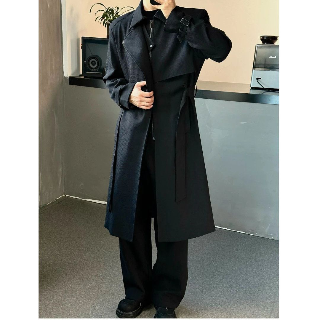 AIXKOM｜2025男士春季流行设计感翻领风衣大衣黑色潮流高级感