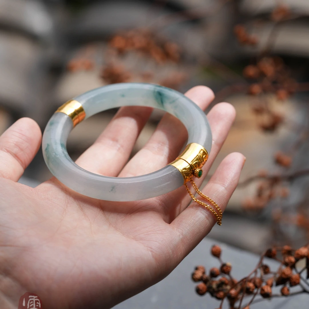 【霖兰】足金镶翡翠 冰糯飘兰花老翡翠手镯 气质复古开口