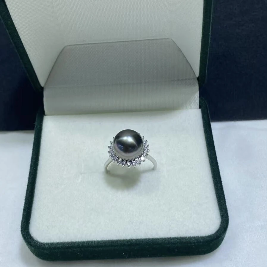 【晓荷】9-10/10-11mm「大溪地」极强光极微暇海水黑珍珠戒指精工S925