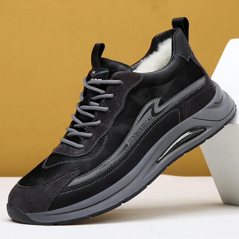 达官贵人时尚百搭休闲男皮鞋保暖羊毛内里防滑软底软面牛皮毛一体