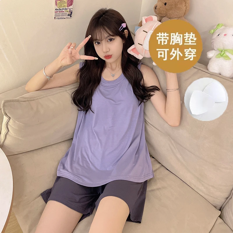 网红莫代尔带胸垫睡衣女夏季无袖背心薄款透气可出外穿冰丝家居服