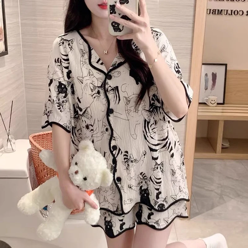 卡通可爱猫咪睡衣夏季新款开衫短袖短裤女家居服套装自带胸垫2024