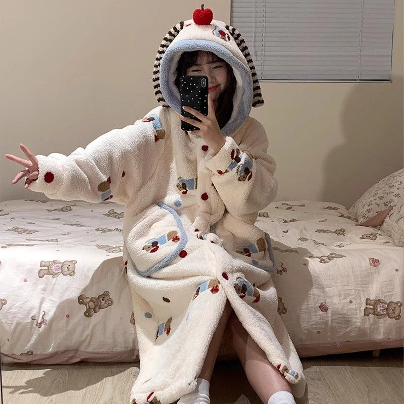 可爱少女腊肠狗珊瑚绒睡衣女冬季新款加绒加厚家居服大码睡袍冬天