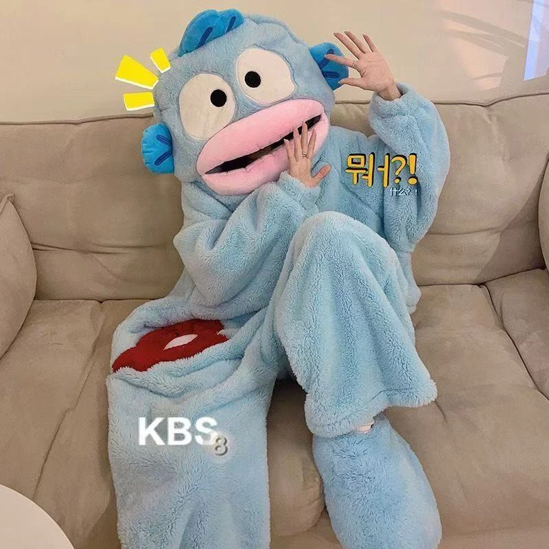 新款珊瑚绒连体小丑鱼嘴睡衣睡袍大头连体睡衣包头可爱搞怪家居服