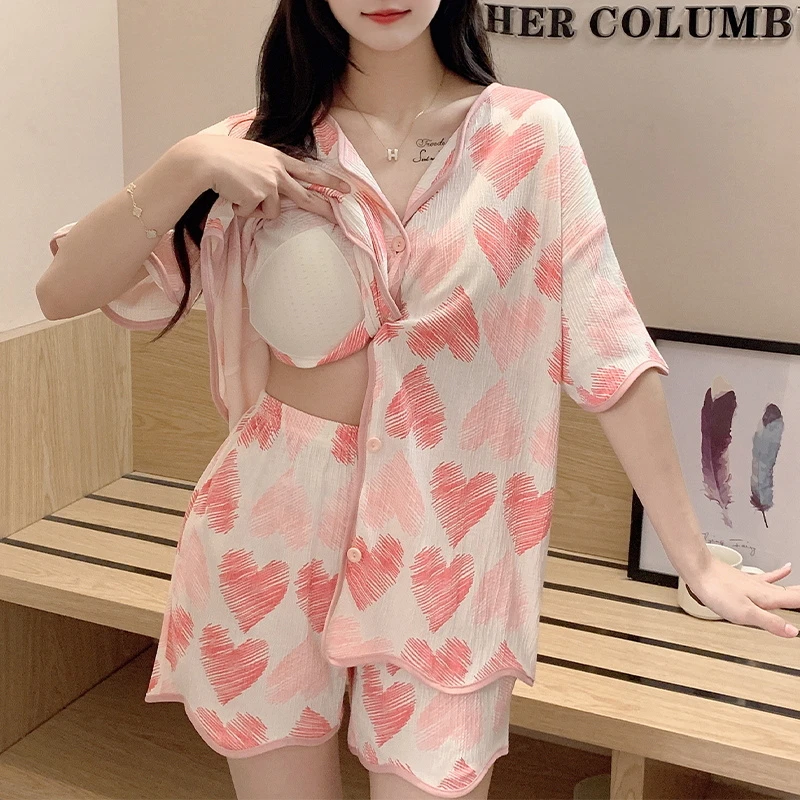 带胸垫一体式睡衣女款夏季短袖短裤开衫甜美韩版心形家居服两件套