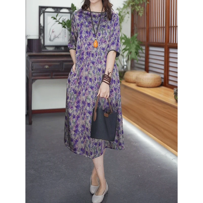 【紫气东来】真丝连衣裙气质洋气优雅时尚中长裙 12194