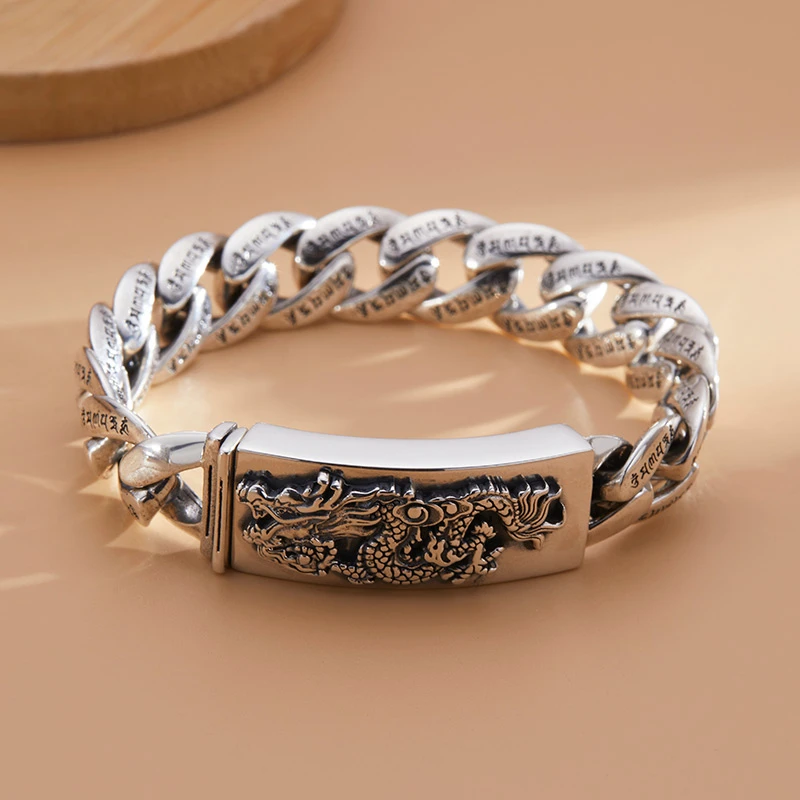 925银手链 霸气龙头男士手链手工男款个性时尚小众飞龙复古做旧款