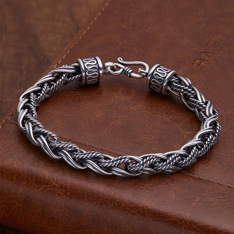 925银手链 手工编织麻花链复古做旧霸气时尚潮流百搭男士配饰潮男
