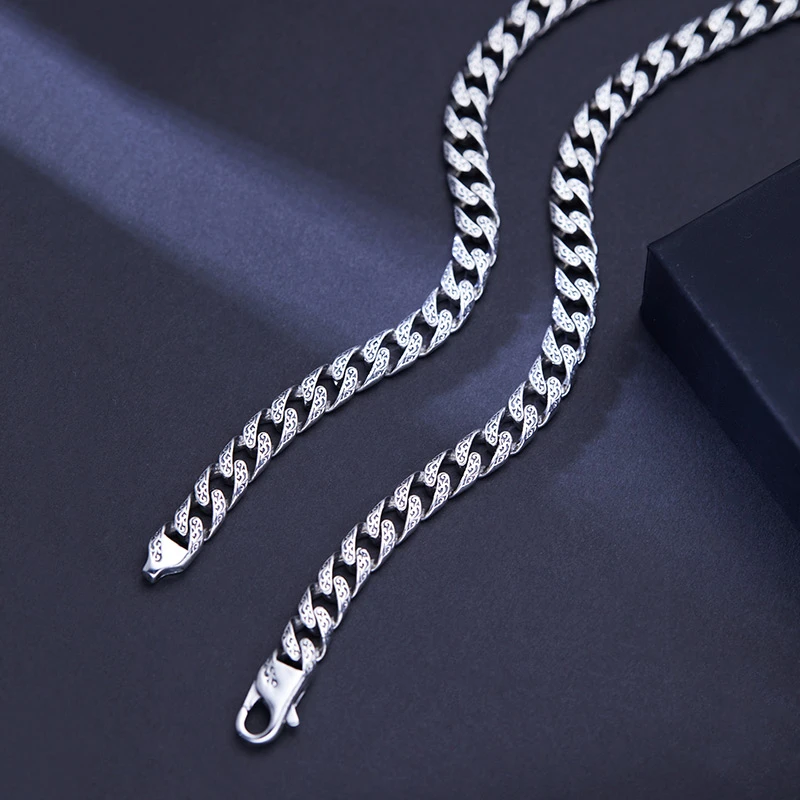 链子925银 古巴链男士时尚百搭简约项链个性潮流唐草纹锁骨银项链