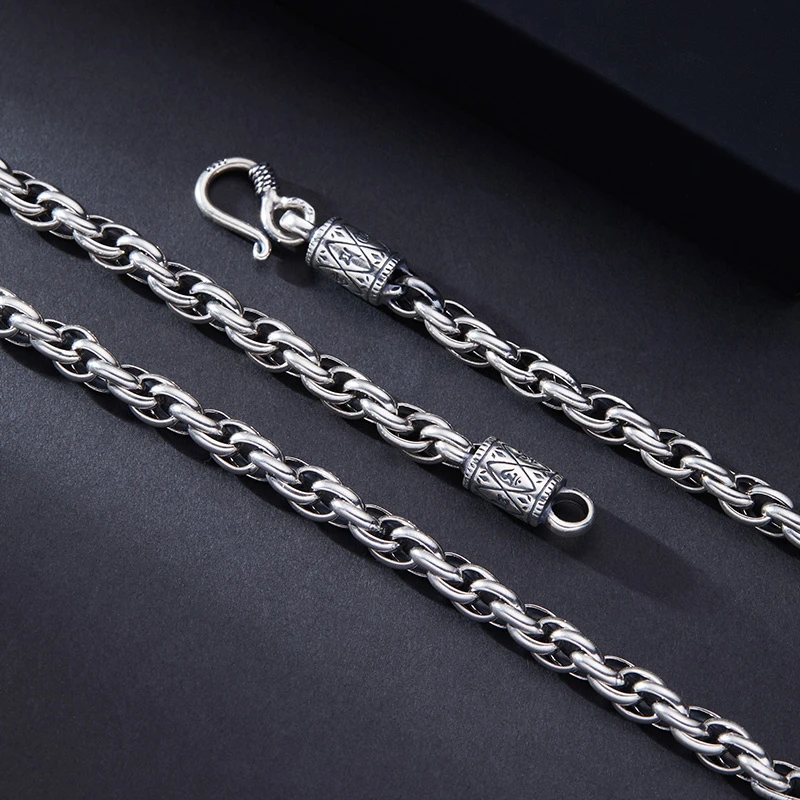 链子925银 项链男士时尚百搭潮流简约个性素款麻绳链编织锁骨素链