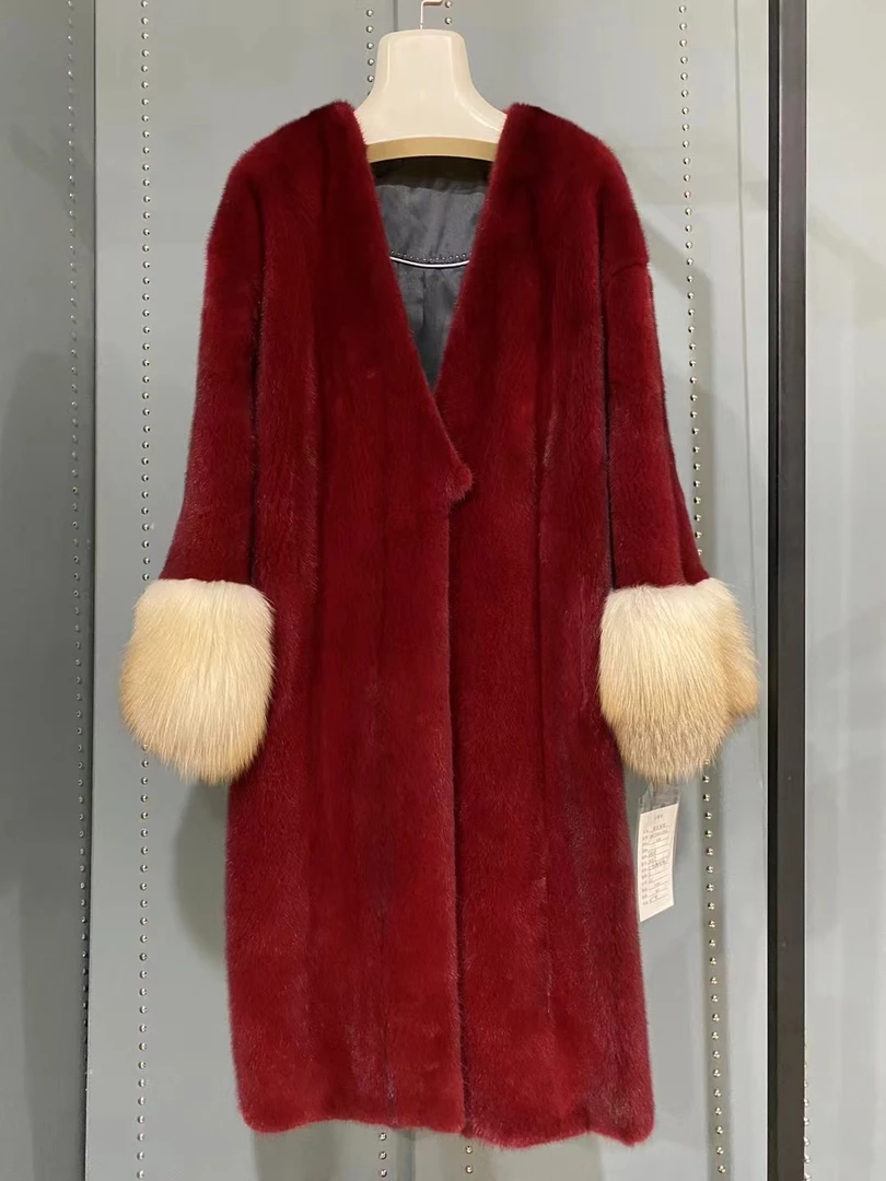 安哥拉红长款大衣V领时尚女人风气质大码外套