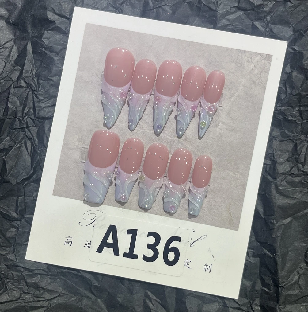 【A136】蓝紫色立体水波纹法式手工穿戴甲简约甜酷夏日穿戴式美甲