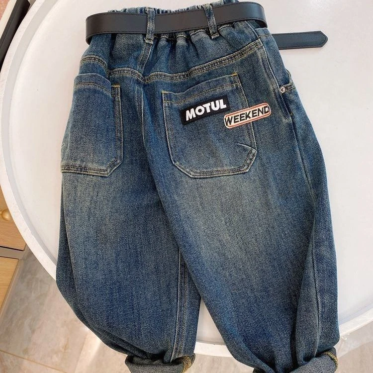 男童牛仔裤秋冬款2023加厚新款休闲宽松儿童设计款洋气老爹牛仔裤