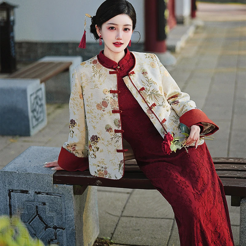 2024四季新款新中式中国风日常复古提花外套加绒旗袍连衣裙套装