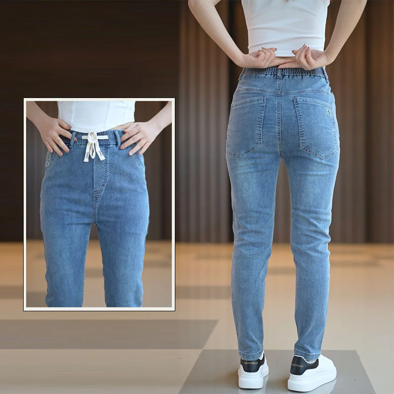 2024春秋新款修身小脚弹力九分牛仔裤系绳弹力腰围男士牛仔裤