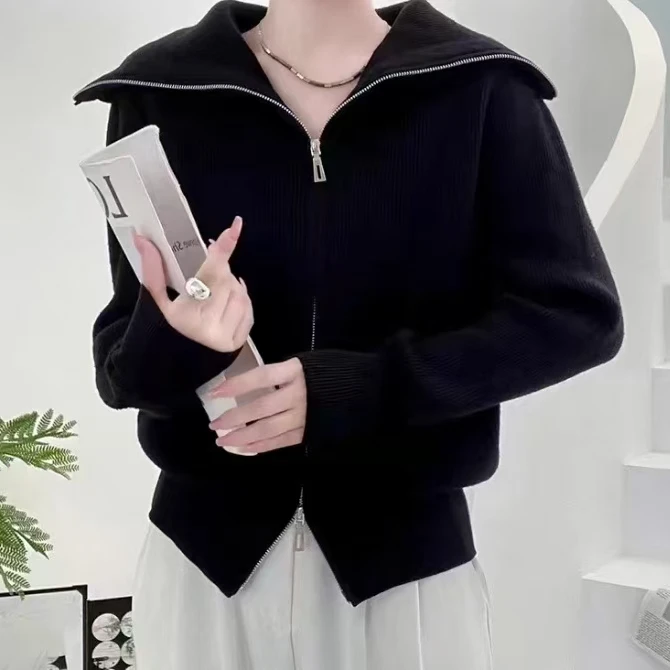 秋冬新款时尚气质双拉链大翻领显瘦针织开衫8993