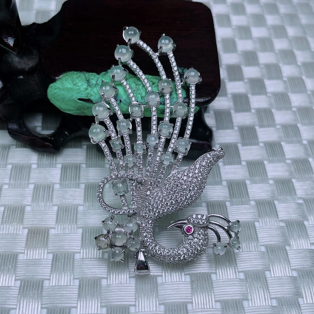 缅甸天然翡翠a货925银冰种凤凰胸针尺寸 63-36-9重12.84g