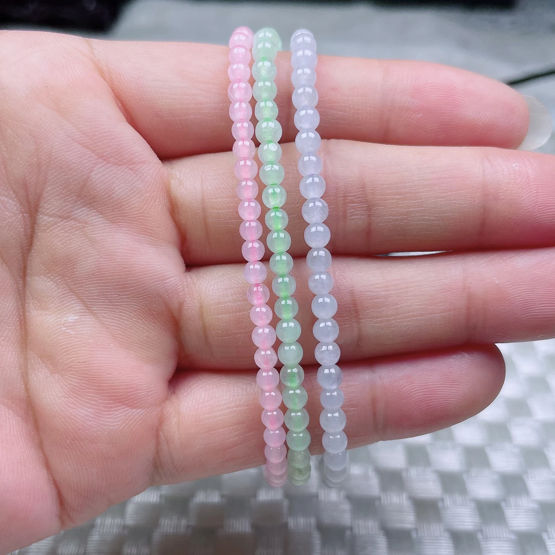 缅甸天然翡翠,老坑冰润小米珠三条拼一条手链尺寸 mm 3.5