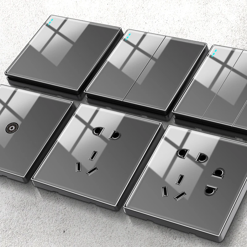 国际电工型暗装灰色镜面亚克力玻璃开关插座面板家用一开五孔