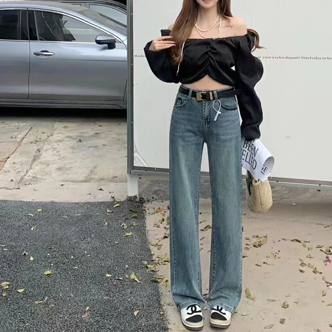 潮公主窄版弹力直筒牛仔裤女2024春款大码显瘦刺绣拖地阔腿裤1182