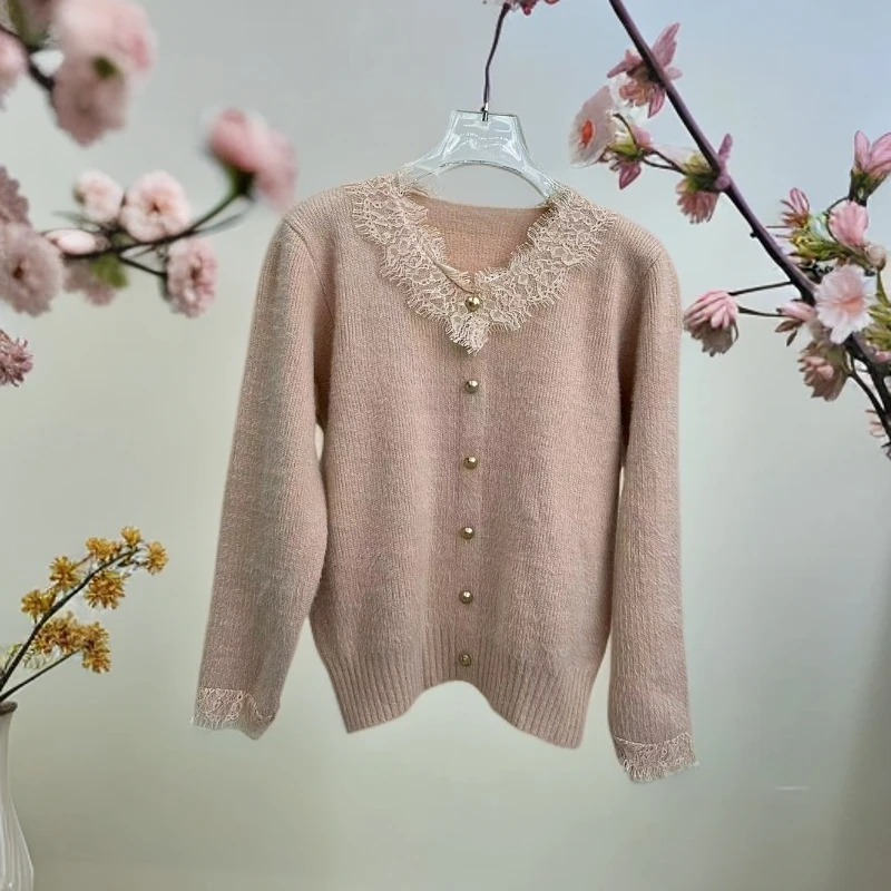 V领蕾丝毛衣2024秋冬新款甜美高级感单排扣套头针织女上衣长袖
