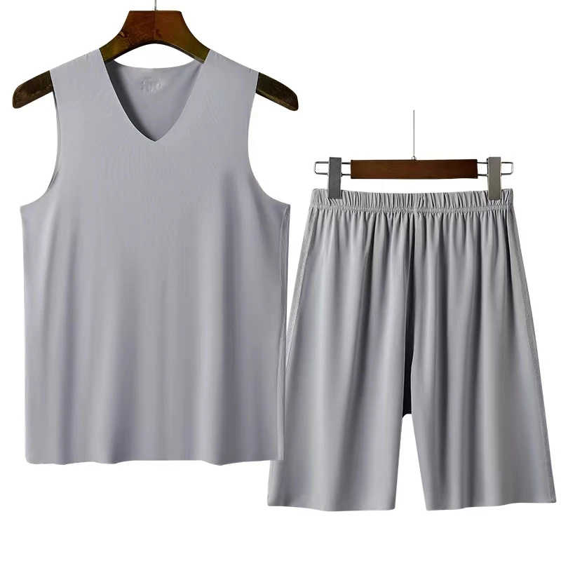 无痕冰丝背心男睡衣套装青年短裤运动夏季休闲透气薄款速干坎肩男