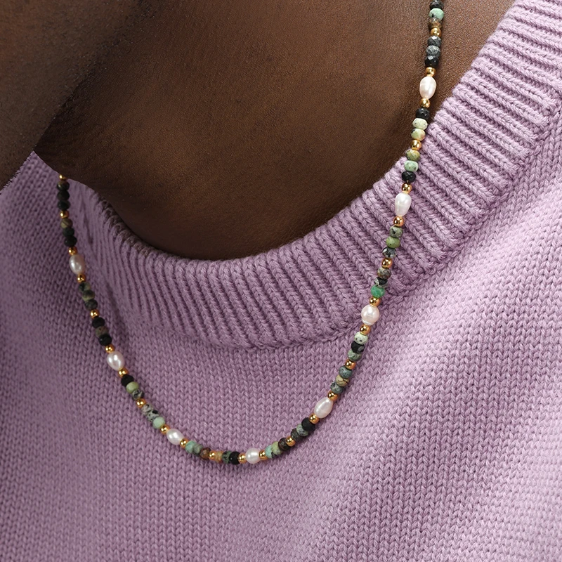 铜合金仿珍珠项链 彩石串珠项链男潮流时尚圆珠手串女小众百搭ins