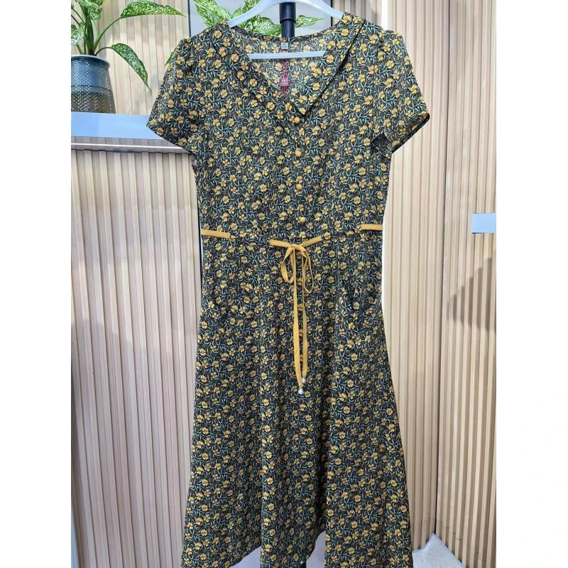 【H255】洋气减龄花色V领连衣裙女2023夏装新款气质系带显瘦中长裙