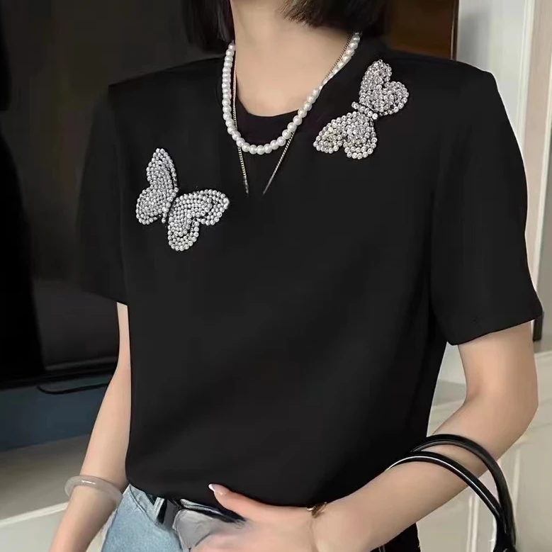 【欧款钉钻蝴蝶】重工设计百搭显瘦圆领软糯T恤-苋 14410(2060)