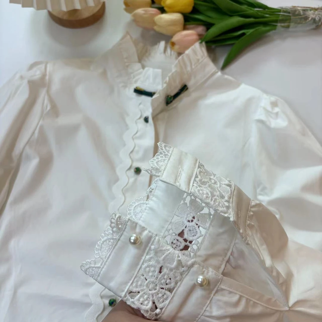 【国风盘扣衬衣】木耳边立领设计感泡泡袖衬衣-苋 14219(8029)